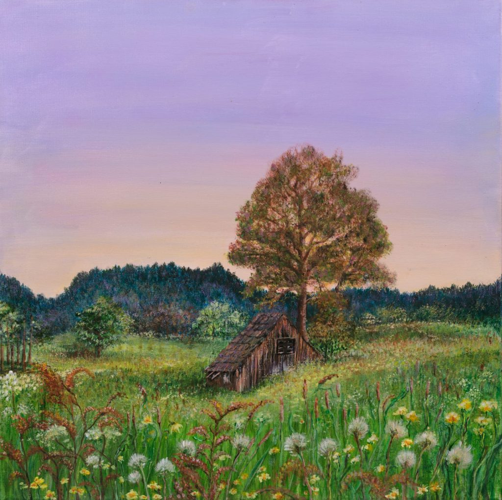 Landschaftsgemälde Holzhütte in der Lichtung von Ellen Nerbonne