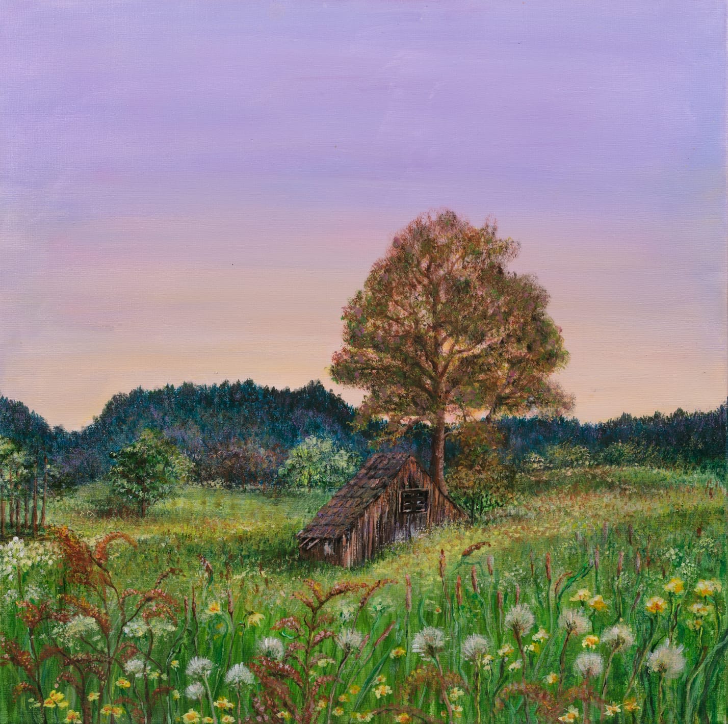 Landschaftsgemälde Holzhütte in der Lichtung. Kunstausstellung Ellen Nerbonne