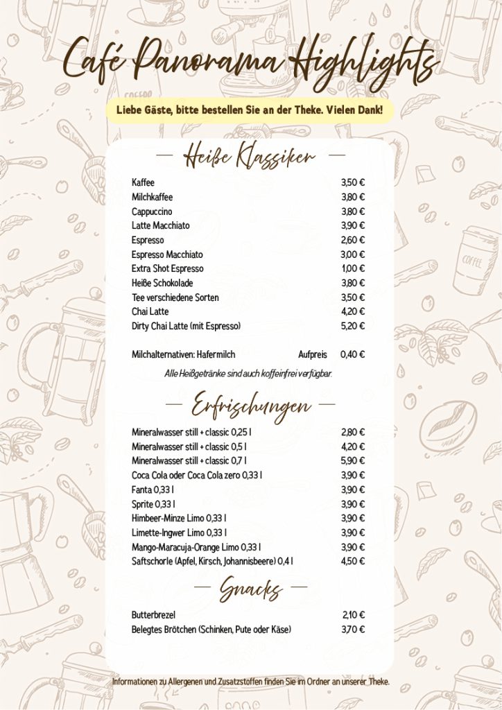 Die erste Seite der Speisekarte des Café Panorama Denzlingen