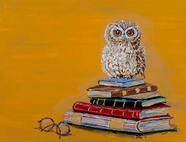 Gemälde einer Eule auf Büchern von karin heitmeyer